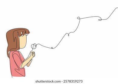 Single continuous line drawing a cute girl blows on a dandelion and the flakes fly. Ritual before making a wish. Hereditary beliefs. Very pleasant. World Wish Day. One line design vector illustration