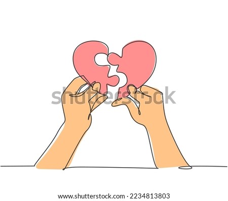 Single continuous line drawing of cute young happy man put the puzzle pieces together to heart shape form. Romantic love marriage concept. Modern one line draw graphic design vector illustration