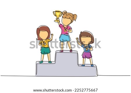 Single continuous line drawing cute girl standing on podium as sport competition winner. Championship celebration. Happy cute kid win game gold trophy. One line draw graphic design vector illustration