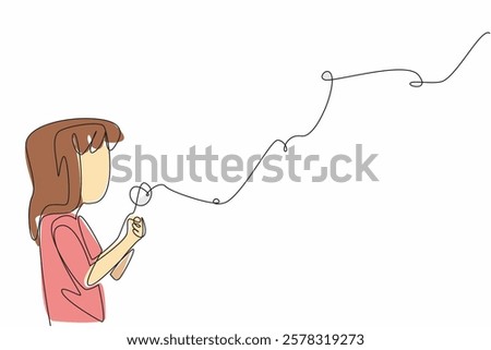 Single continuous line drawing a cute girl blows on a dandelion and the flakes fly. Ritual before making a wish. Hereditary beliefs. Very pleasant. World Wish Day. One line design vector illustration
