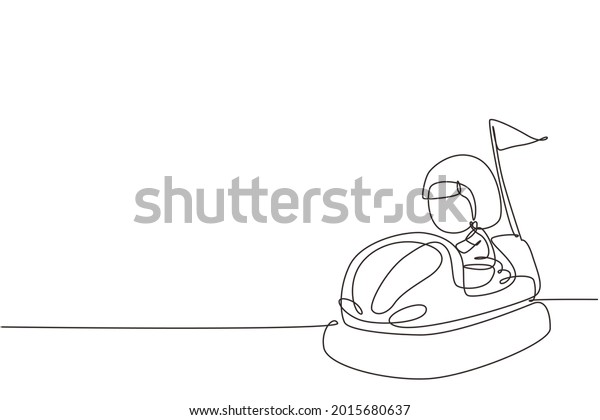 Single continuous line drawing cute little\
girl riding in bump car. Happy kids driving bumpercar. Children\
riding bump cars in amusement park. Dynamic one line draw graphic\
design vector\
illustration