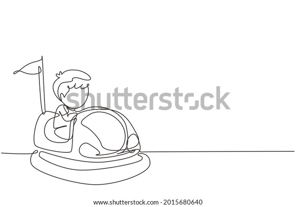 Single continuous line drawing cute little\
boy riding in bump car. Happy kids driving bumpercar. Children\
riding bump cars in amusement park. Dynamic one line draw graphic\
design vector\
illustration
