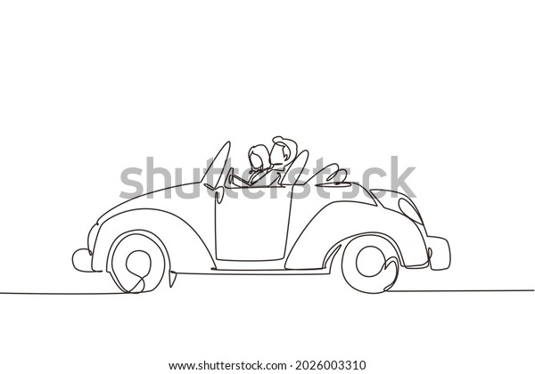 Single continuous line drawing cute elegant couple\
on road trip in vintage retro car. Happy man and woman in vehicle.\
Married couple romantic relationship. Dynamic one line draw graphic\
design vector