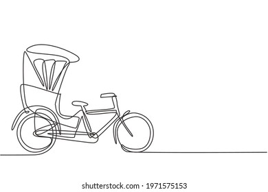 Single continuous line drawing the cycle rickshaw seen from the side pulls the passenger sitting behind it with a bicycle pedal. Tourist vehicle. One line draw graphic design vector illustration.