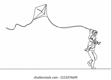 Single continuous line drawing dad and daughter have fun, fly kite. Father carrying daughter on shoulders, playing and running in the park. Dynamic one line draw graphic design vector illustration