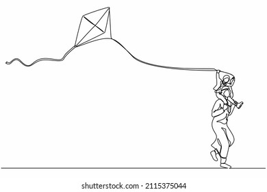 Single continuous line drawing dad and daughter have fun, fly kite. Arab father carrying daughter on shoulders. Happy father and child spending free time together. One line draw graphic design vector