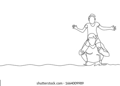 Single continuous line drawing of daddy lift up his kid on shoulder and play together in gym swimming pool center. Summer holidays and vacation concept. Trendy one line draw design vector illustration