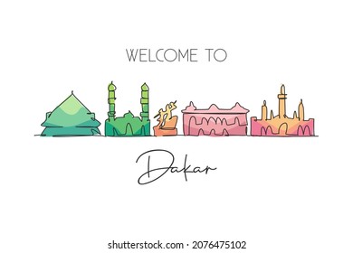 Single continuous line drawing Dakar city skyline, Senegal. Famous city scraper and landscape postcard print art. World travel concept. Editable stroke modern one line draw design vector illustration