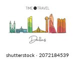 Single continuous line drawing of Dallas city skyline, USA. Famous city scraper and landscape. World travel concept home wall decor poster print art. Modern one line draw design vector illustration
