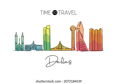 Single continuous line drawing of Dallas city skyline, USA. Famous city scraper and landscape. World travel concept home wall decor poster print art. Modern one line draw design vector illustration