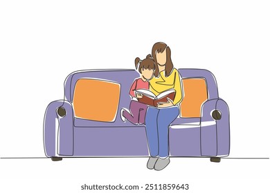Single continuous line drawing daughter sitting with mother on the sofa. Read a book. Inspirational story. Good example. Love to read. International Read to Me Day. One line design vector illustration