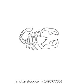 Single continuous line drawing of deadly scorpion for company logo identity. Lethal arthropod mascot concept for martial art club icon. One line draw graphic design vector illustration