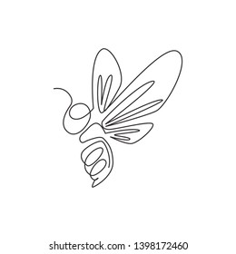 Single continuous line drawing of decorative bee for farm logo identity. Honeycomb producer icon concept from animal shape. One line vector draw design graphic illustration