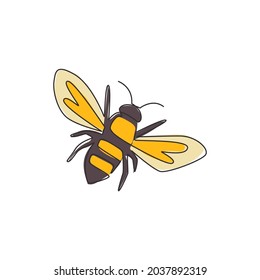 Single continuous line drawing of decorative bee for farm logo identity. Honeycomb producer icon concept from wasp animal shape. One line draw graphic design vector illustration