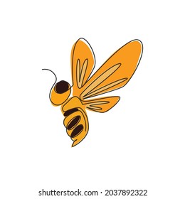 Single continuous line drawing of decorative bee for farm logo identity. Honeycomb producer icon concept from animal shape. One line vector draw design graphic illustration