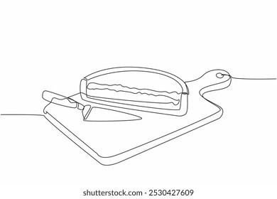 Single continuous line drawing deep dish pizza on a wooden cutting board. The delicious pizza is already partially cut. Chicago style. National Deep Dish Pizza Day. One line design vector illustration