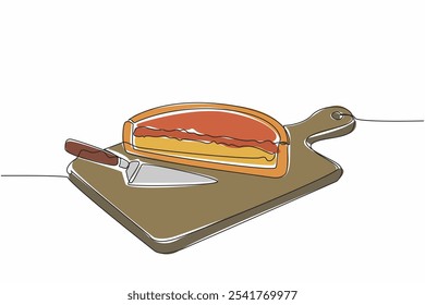 Single continuous line drawing deep dish pizza on a wooden cutting board. The delicious pizza is already partially cut. Chicago style. National Deep Dish Pizza Day. One line design vector illustration