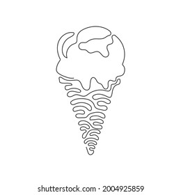Single continuous line drawing delicious ice creams in crispy cone waffles. Tasty sweet ice-cream. Cold summer desserts. Swirl curl style. Dynamic one line draw graphic design vector illustration