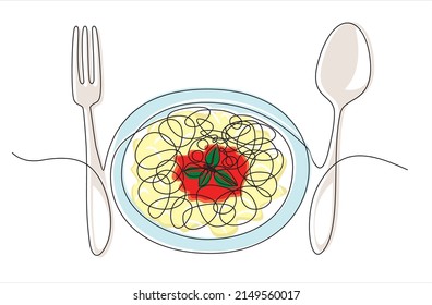 Single continuous line drawing of delicious spaghetti with fork and knife. Italy pasta noodle restaurant concept hand draw line art design vector illustration for cafe, shop or food delivery service