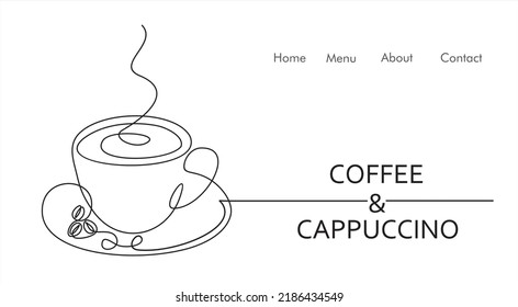 Single continuous line drawing of delicious Cup of coffee. Hand draw line art design vector illustration for cafe or shop. 