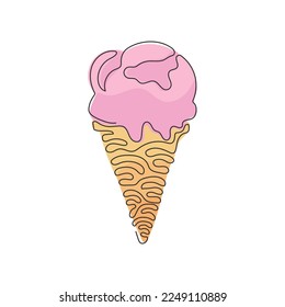 Single continuous line drawing delicious ice creams in crispy cone waffles. Tasty sweet ice-cream. Cold summer desserts. Swirl curl style. Dynamic one line draw graphic design vector illustration
