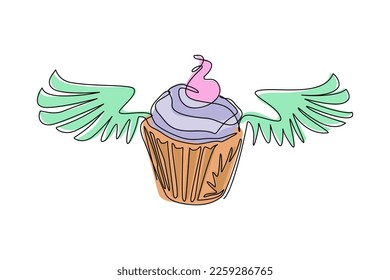 Single continuous line drawing delicious cupcake with wings icon symbol isolated. Winged minimal cupcake logo. Bakery cute mascot logotype. Dynamic one line draw graphic design vector illustration