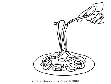 Single continuous line drawing of delicious spaghetti noodle with fork