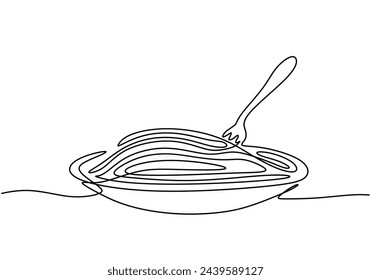 Single continuous line drawing of delicious spaghetti noodle with fork