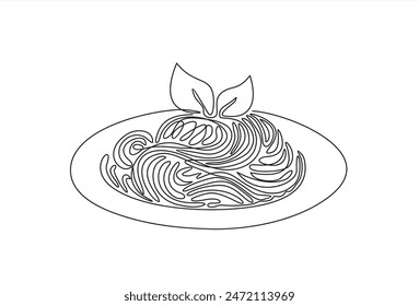 Single continuous line drawing of delicious spaghetti with basil. Italy pasta noodle restaurant concept hand draw line art design vector illustration for cafe, shop or food delivery service