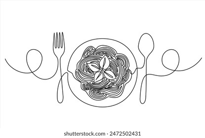 Single continuous line drawing of delicious spaghetti with fork and knife. Italy pasta noodle restaurant concept hand draw line art design vector illustration for cafe, shop or food delivery service