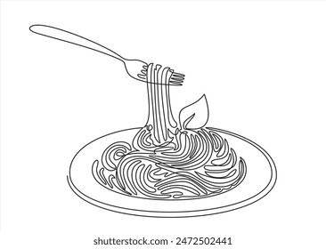 Single continuous line drawing of delicious spaghetti with fork. Italy pasta noodle restaurant concept  for cafe, shop or food delivery service