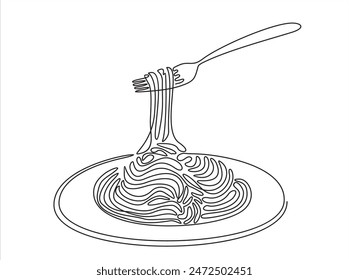 Single continuous line drawing of delicious spaghetti with fork. Italy pasta noodle restaurant concept  for cafe, shop or food delivery service