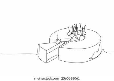 Single continuous line drawing delicious cherry cheesecake slice. Served for celebration. Enjoy deliciousness of the cake together. National Cherry Cheesecake Day. One line design vector illustration