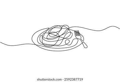 Single continuous line drawing of delicious spaghetti with fork, Fork with pasta in One Continuous line drawing. Italian spaghetti noodle for web banner and food delivery service in simple line.