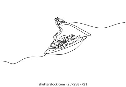 Single continuous line drawing of delicious spaghetti with fork, Fork with pasta in One Continuous line drawing. Italian spaghetti noodle for web banner and food delivery service in simple line.