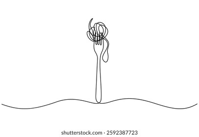 Single continuous line drawing of delicious spaghetti with fork, Fork with pasta in One Continuous line drawing. Italian spaghetti noodle for web banner and food delivery service in simple line.