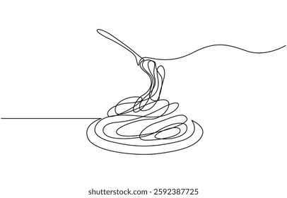 Single continuous line drawing of delicious spaghetti with fork, Fork with pasta in One Continuous line drawing. Italian spaghetti noodle for web banner and food delivery service in simple line.