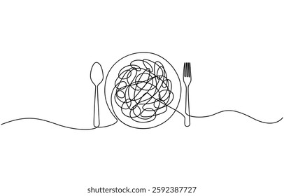 Single continuous line drawing of delicious spaghetti with fork, Fork with pasta in One Continuous line drawing. Italian spaghetti noodle for web banner and food delivery service in simple line.