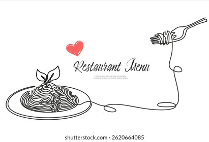 Single continuous line drawing of delicious spaghetti with fork. Italy pasta noodle restaurant concept for cafe, shop or food delivery service.Editable stroke. 	