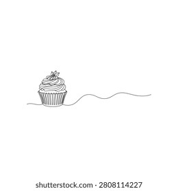 A single continuous line drawing of a delicious cupcake with frosting on a plain white background.