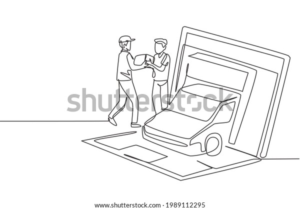 Single continuous line drawing delivery box\
car comes out partly from giant laptop screen and male courier\
gives package box to male customer. Dynamic one line draw graphic\
design vector\
illustration