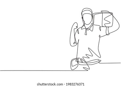 Single continuous line drawing deliveryman with celebrate gesture, carrying the package box to be delivered to customers with the best service. Dynamic one line draw graphic design vector illustration