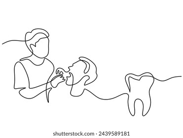 Single continuous line drawing. Dentist examining patient teeth condition and doing tooth filling. Orthodontist concept vector illustration.