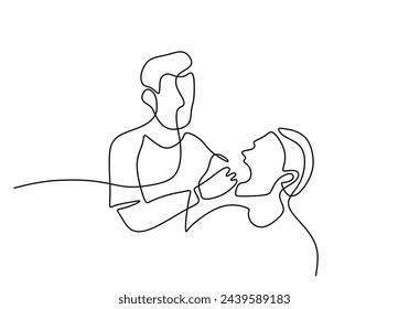 Single continuous line drawing of dentist examining patient teeth condition and doing tooth filling.