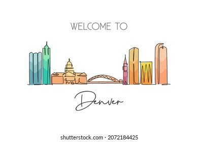 Single continuous line drawing of Denver city skyline, USA. Famous city scraper and landscape. World travel concept home decor wall art poster print. Modern one line draw design vector illustration