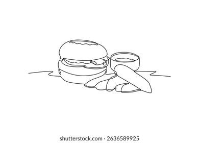 Single continuous line drawing depicting fast food menu items like burger, fries, and sauce, creating minimalist design