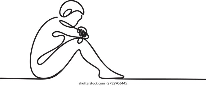 Single continuous line drawing depicting a figure in fetal position showing sadness loneliness isolation or emotional pain suitable for concepts of mental health therapy or broken heart illustration on clear background