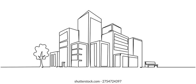 A single continuous line drawing depicting a modest, minimalist city silhouette. Concept of isolated minimalism in real estate. Dynamic single-line graphic design, vector illustration on a white background. Editable stroke