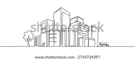 A single continuous line drawing depicting a modest, minimalist city silhouette. Concept of isolated minimalism in real estate. Dynamic single-line graphic design, vector illustration on a white background. Editable stroke