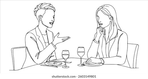 A single continuous line drawing depicts two businesswomen enjoying a relaxing meal break together. They are sharing a pleasant moment over a cup of delicious coffee, celebrating National Make Lunch